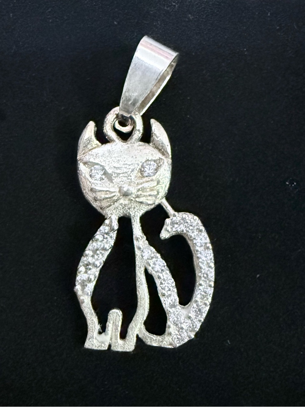 Sterling Silver .925 Cat Pendant Necklace Charm - Sparkling Crystal Accent